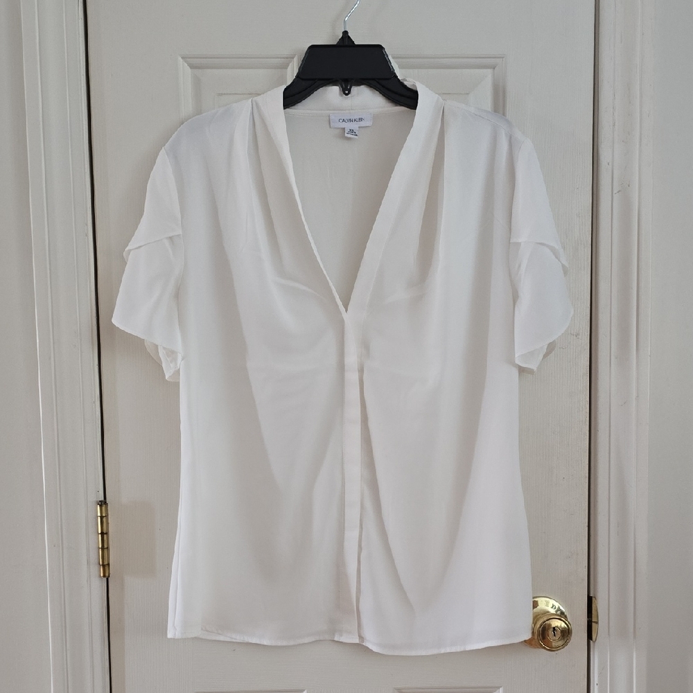 Calvin Klein White V-Neck Women's Blouse